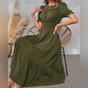Olive Textured Puff-Sleeve Midi Dress | Smocked High Waist, Tiered